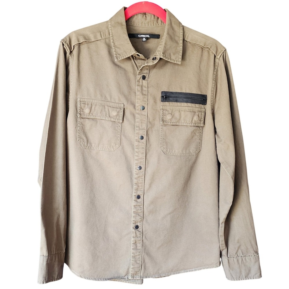 Carbon Mens Gorpcore Shirt Khaki Green Utility Snap Front Tactical 100%Cotton S